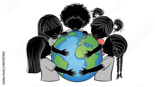 Embrace of Unity: A circle of children, representing diverse backgrounds, tenderly embrace the Earth, symbolizing unity, global interconnectedness, and the preservation of our shared planet.