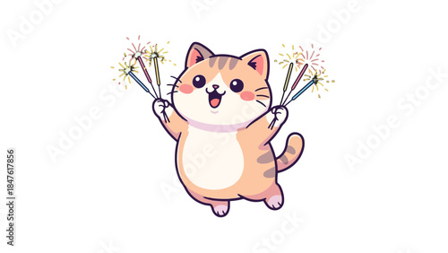 Cat Celebration with Fireworks: A cheerful cartoon cat gleefully holds up sparklers in a festive celebration, exuding joy and creating a feeling of merriment and occasion.
