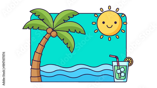 Tropical Paradise Illustration: A vibrant illustration showcasing a relaxing scene with palm tree and refreshing drink, inviting a sense of summer escapism.
