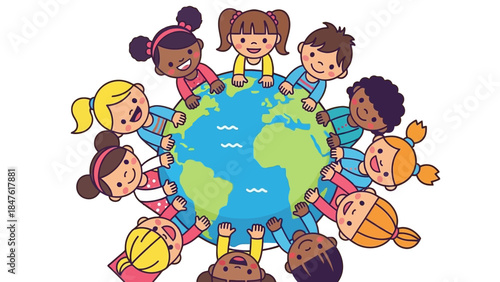 Global Unity: A group of diverse children encircling the globe, representing unity, friendship, and the beauty of global harmony.