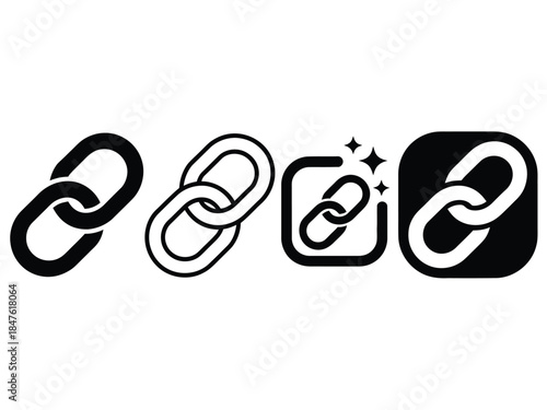 Four variations of a link icon in black and white illustration