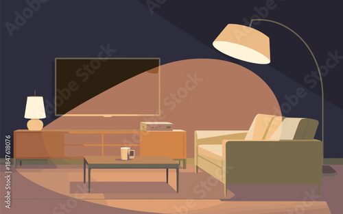 Modern living room interior with minimalist furniture and soft lighting from a floor lamp at dusk