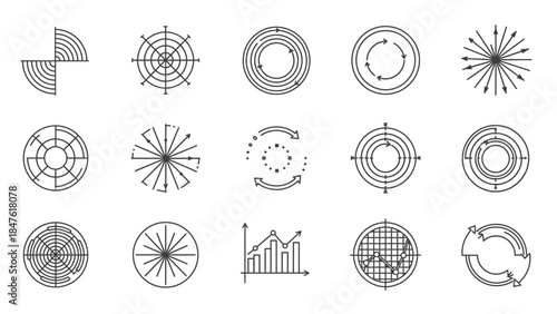 Collection of fifteen black line art icons representing various circular charts graphs data visualization and directional flow concepts