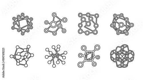 Set of eight abstract black and white line art icons representing complex molecular structures or digital network connections