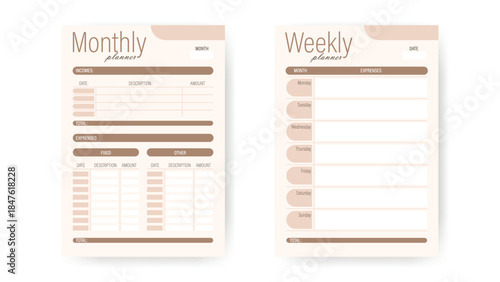 Monthly and Weekly Planner Forms. Universal template for budgeting, income and expenses. Personalized forms for printing and filling out. Vector graphics