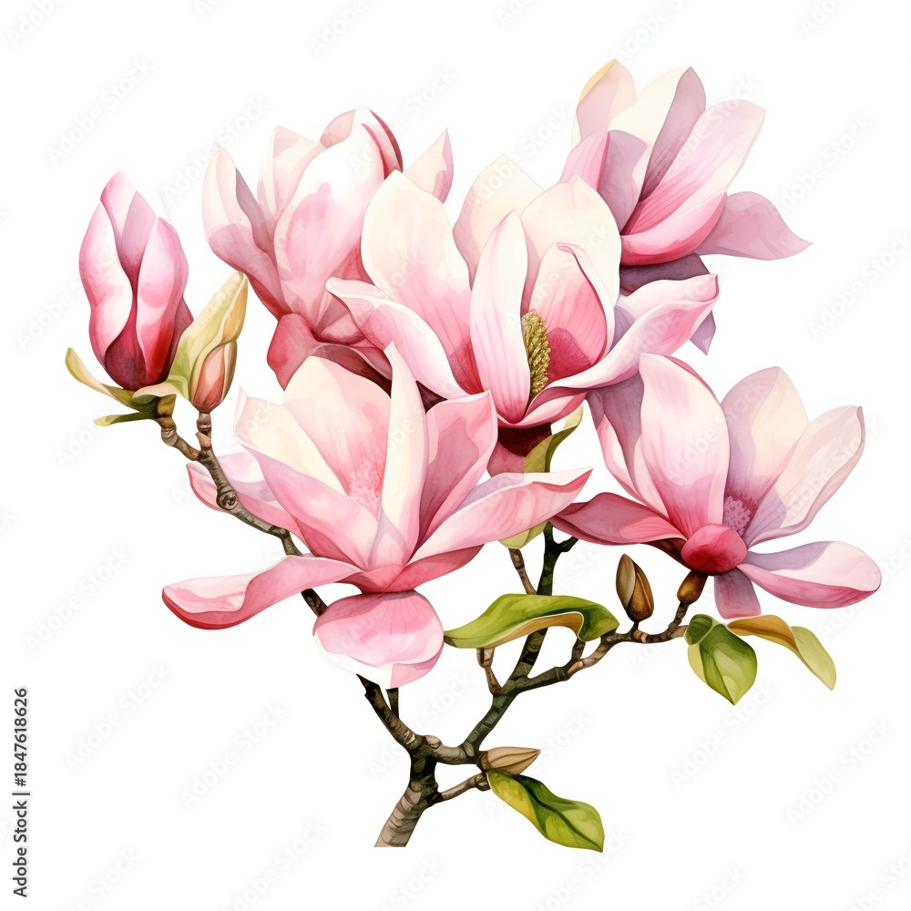 Obraz premium Watercolor painting of pink magnolia flowers blossoming on a branch