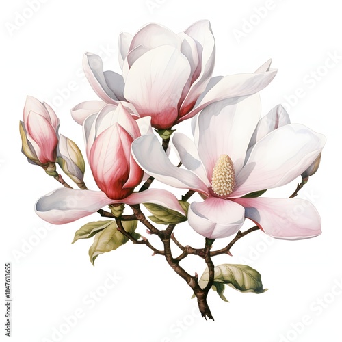 Elegant magnolia flowers with delicate pink petals on a white background
