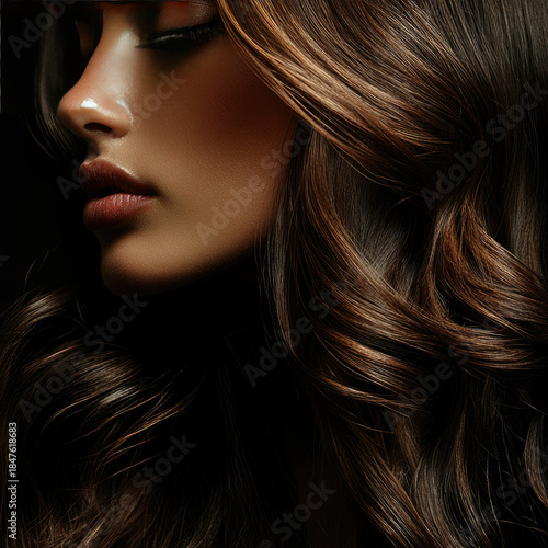 A beautiful woman's face framed by lovely dark hair—a close-up shot isolated against a black background. An illustration suitable for advertising hair salons, hair care products, and trendy hairstyles