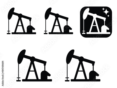 Illustration of multiple oil pump jacks in black and white style