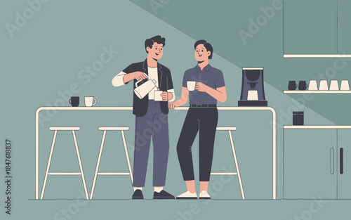 Two colleagues interacting in a modern kitchen with coffee machines and stools