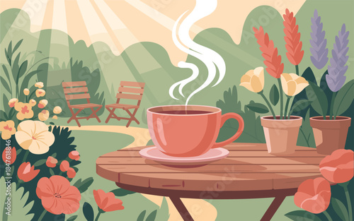 A serene morning scene with a steaming cup of coffee on a wooden table surrounded by flowers and lush greenery in a peaceful garden