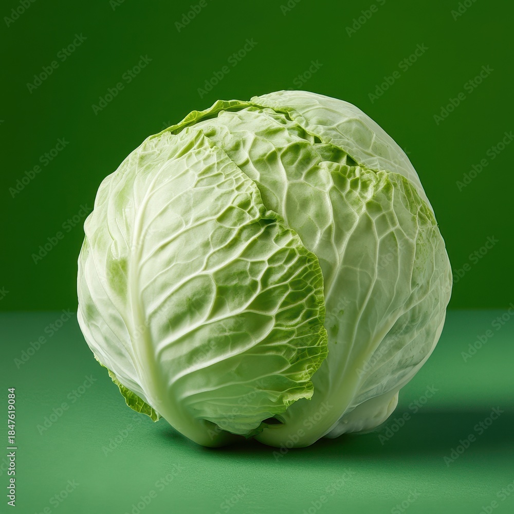 Obraz premium Fresh green cabbage head on solid green background, raw vegetable closeup, healthy cooking ingredient with copy space