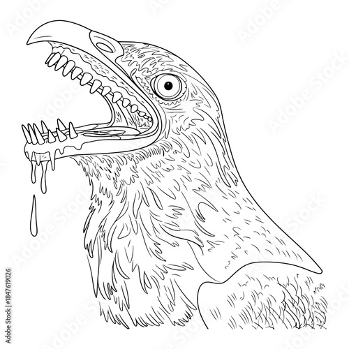 Eagle Head Open Mouth Dripping Saliva Line Art Illustration