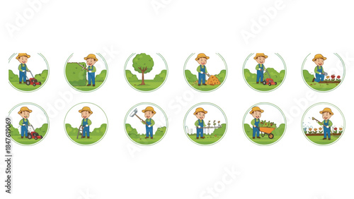 Gardener at work in various scenes with tools and garden