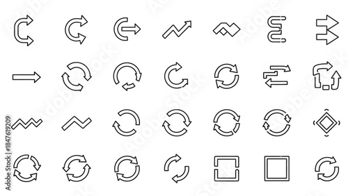 Collection of various black outline arrow icons representing direction refresh reload sync and navigation concepts clearly displayed