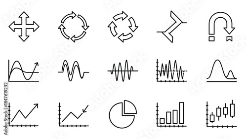 Set of fifteen black outline icons representing various data visualization charts graphs and essential directional movement symbols