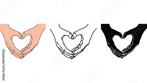 Hands forming a heart symbol in three different styles