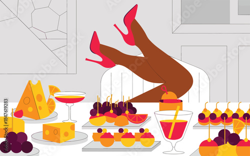 Woman's legs raised above a table filled with fruit, cheese, and cocktails in a luxurious indoor setting