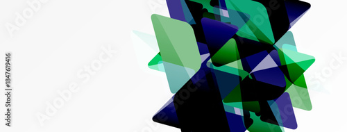 Abstract geometric shapes overlap, creating dynamic visual texture. Greens, blues dominate white background. Modern design element.