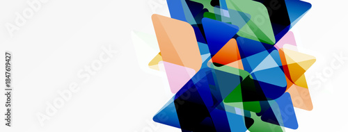 Abstract shapes overlap, creating vibrant color blends. Composition features blues, greens, oranges, plus soft pastels. Modern design.