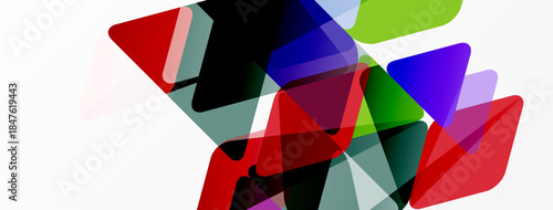 Abstract shapes overlap, creating vibrant color blends. Red, green, blue tones dominate composition. Modern design elements present.