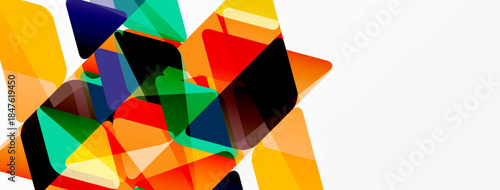 Abstract colorful shapes overlap, creating dynamic composition. Bright hues contrast with white space. Modern design element.