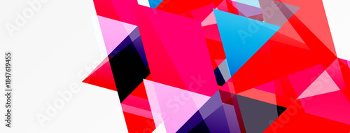 Abstract geometric shapes, vibrant colors, dynamic composition. Pink, red, blue hues dominate design. Modern aesthetic.