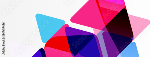 Abstract geometric shapes overlap, creating vibrant color gradients. Composition feels modern, dynamic, visually interesting.