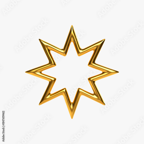 Golden metallic star shape isolated on white background, shiny and elegant festive element for Christmas and New Year decoration. Luxury holiday ornament with smooth reflective surface. Vector