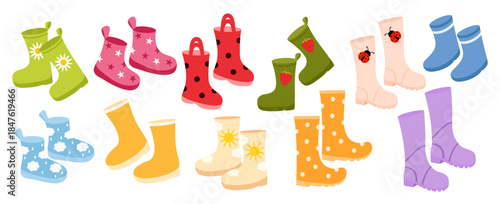 Cute kids rubber boots vector illustration with colorful floral, dot and star patterns. Flat rain footwear design for children, bright waterproof gumboots isolated on white background.