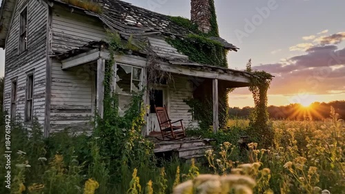 Overgrown abandoned house with broken windows stands in a field at sunset with a rocking chair on the porch