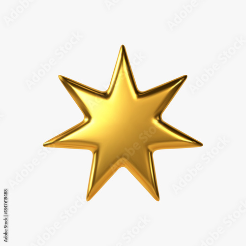 Golden metallic star shape isolated on white background, shiny and elegant festive element for Christmas and New Year decoration. Luxury holiday ornament with smooth reflective surface. Vector