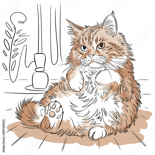 Fluffy Orange Cat Sitting Playfully on Floor with Sketchy Plant and Lamp Background