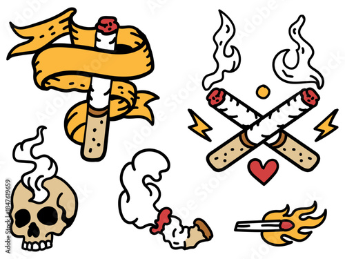 Old School Flash Tattoo Set of Smoking Cigarettes, Skull, and Burning Match - Vintage Vector Illustration