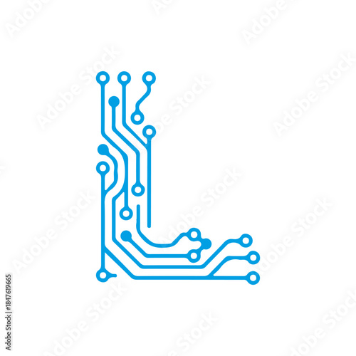 A vector icon of the letter 'L' designed with blue electronic circuit board lines, symbolizing logic, digital learning, and high-tech systems. Ready in PNG, JPG, and editable EPS formats.