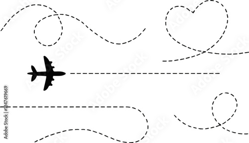 Airplane Flight Path with Heart Shape Travel Route Icon Illustration