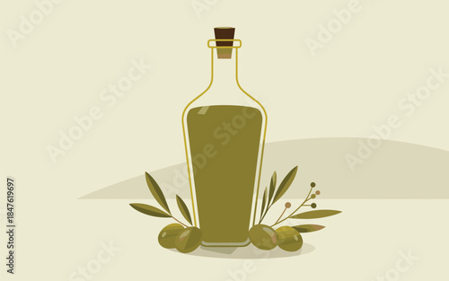 A bottle of olive oil surrounded by olives and leaves on a neutral background