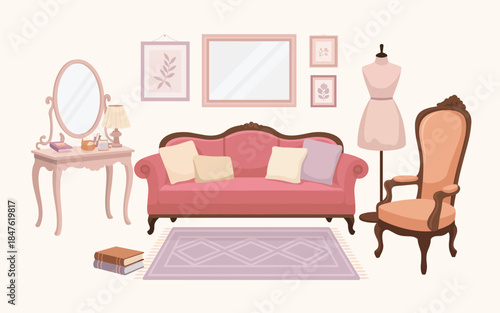 A stylish living room interior with a red sofa, dresser, and chair viewed from the front.