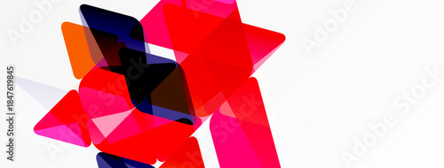 Abstract composition featuring overlapping colorful triangles. Shapes vary in size, hue, opacity creating dynamic visual effect. Minimalist design.