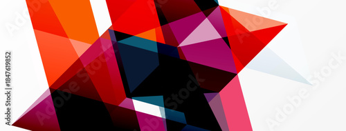 Abstract geometric shapes overlap, creating dynamic composition. Vivid reds, oranges, blues dominate white background. Modern design.