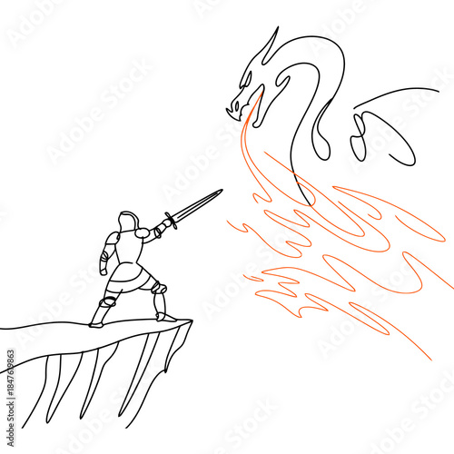 Knight Fighting Dragon with Sword on Cliff Edge, Fire Breathing Creature