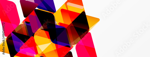 Abstract geometric shapes overlap, creating vibrant color contrasts. Red, purple, yellow dominate white space. Modern design element.