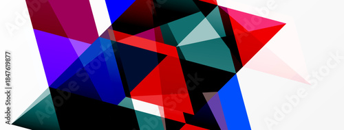 Abstract geometric shapes overlap, creating vibrant color contrasts. Composition features triangles, lines, dynamic visual energy.