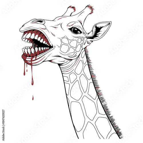 Horror Giraffe Head with Blood Dripping From Mouth and Torn Horns