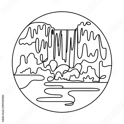 Continuous Line Drawing Waterfall and River Landscape in Circle