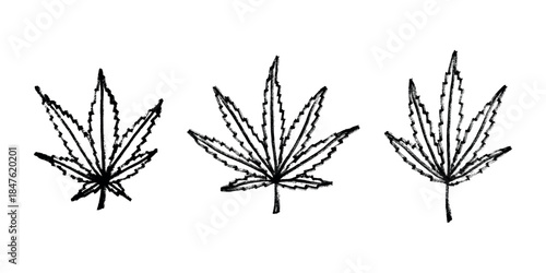 Set of hand drawn cannabis leaf Medicine marijuana Hemp leaves clipart in doodle style Single element for print, web, design, decor