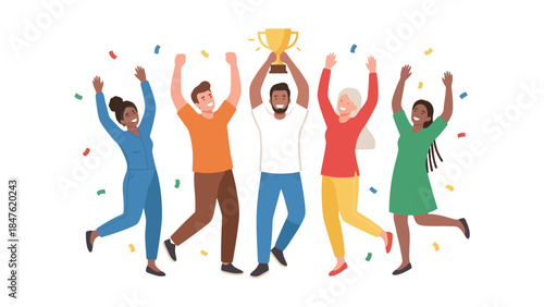 Diverse team celebrating victory with trophy and confetti together
