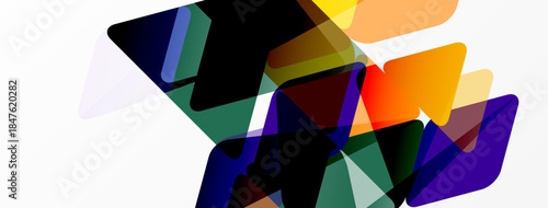 Abstract shapes overlap, creating vibrant color blends. Geometric forms suggest movement, depth, modern design. Composition feels dynamic, energetic.
