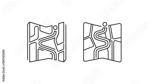 Two minimalist line art icons depicting folded paper maps with winding routes and destination markers for navigation concepts