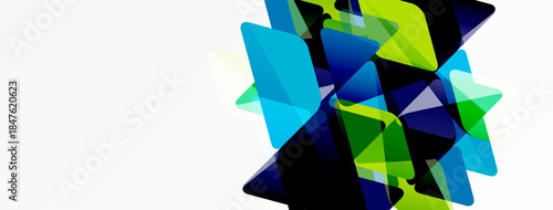 Abstract geometric shapes overlap, creating vibrant blue, green tones. Modern design suggests innovation, technology, energy.